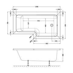 [BBL15R] L SQUARE SHOWER BATH RH 1500x850x700x585 - Technical Drawing