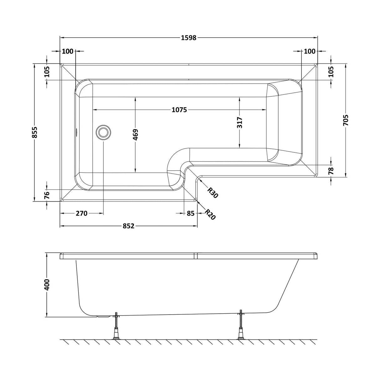 [BBL16L] L SQUARE SHOWER BATH LH 1600x850x700x585 - Technical Drawing