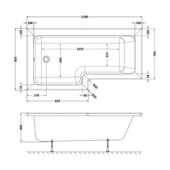 [BBL16L] L SQUARE SHOWER BATH LH 1600x850x700x585 - Technical Drawing