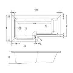 [BBL16PL] Contemporary L Shaped Bath & Side Panel Left Hand, 1600 x 850 x 390mm - Technical Drawing