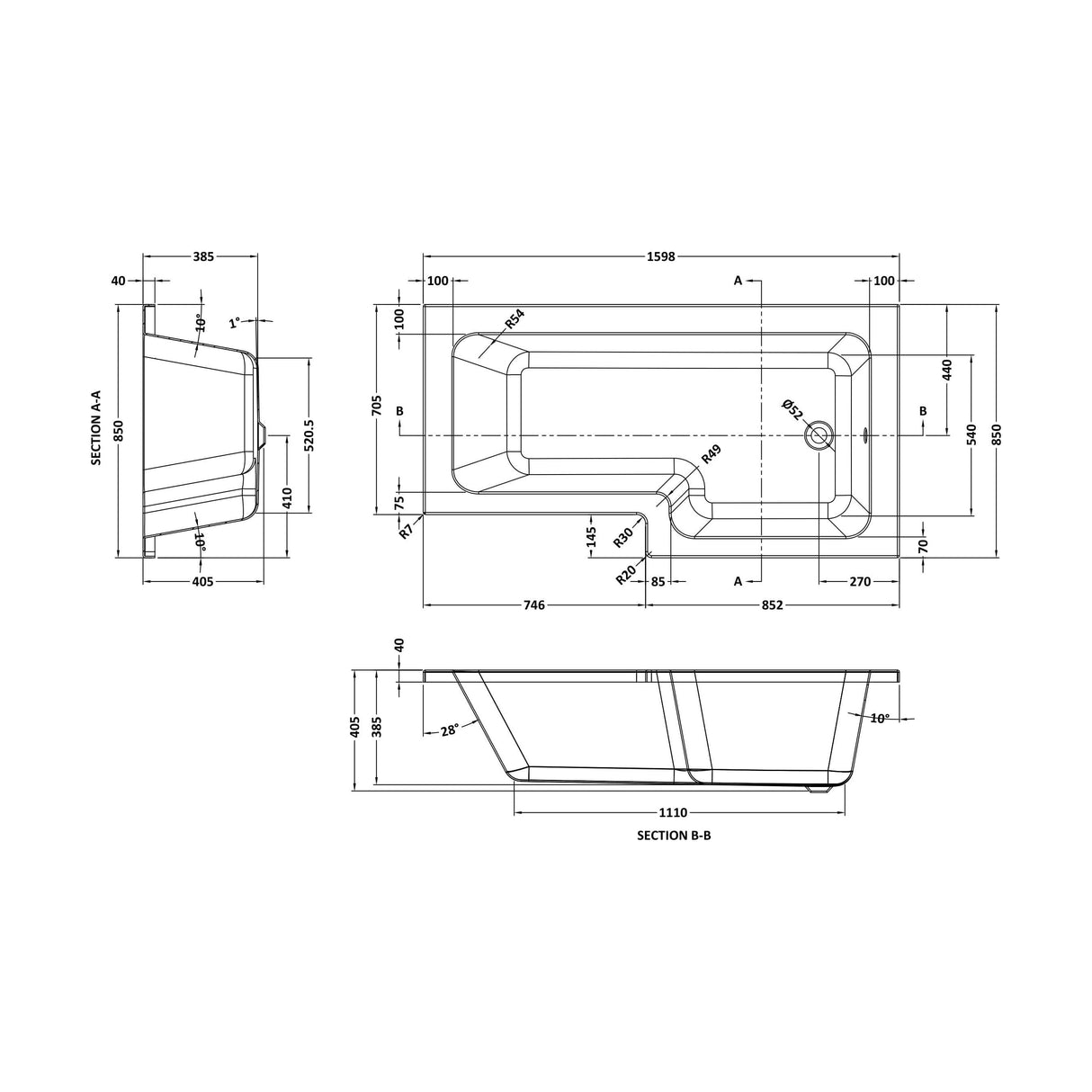 [BBL16PR] Contemporary L Shaped Bath & Side Panel Right Hand, 1600 x 850 x 390mm - Technical Drawing