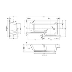 [BBL16PR] Contemporary L Shaped Bath & Side Panel Right Hand, 1600 x 850 x 390mm - Technical Drawing