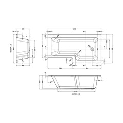 [BBL16R] L SQUARE SHOWER BATH RH 1600x850x700x585 - Technical Drawing