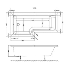 [BBL17L] L SQUARE SHOWER BATH LH 1700x850x700x585 - Technical Drawing