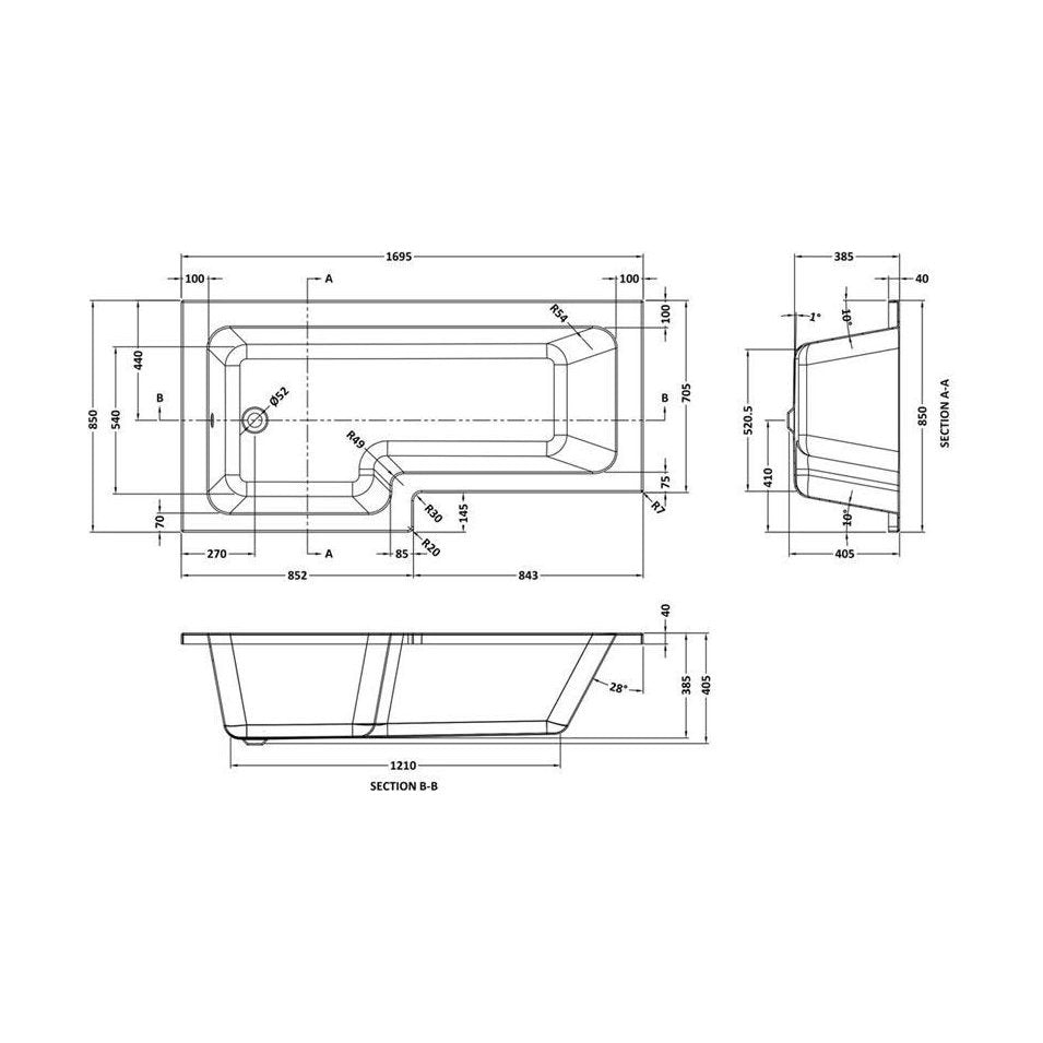 [BBL17PL] Contemporary L Shaped Bath & Side Panel Left Hand, 1700 x 850 x 390mm - Technical Drawing