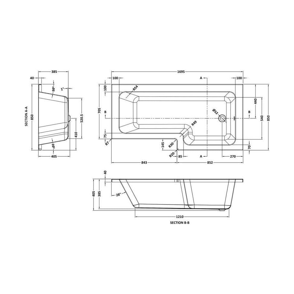 [BBL17PR] Contemporary L Shaped Shower Bath Right Hand, 1700 x 850 x 405mm - Technical Drawing