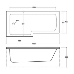 [BBL17R] L SQUARE SHOWER BATH RH 1700x850x700x585 - Technical Drawing