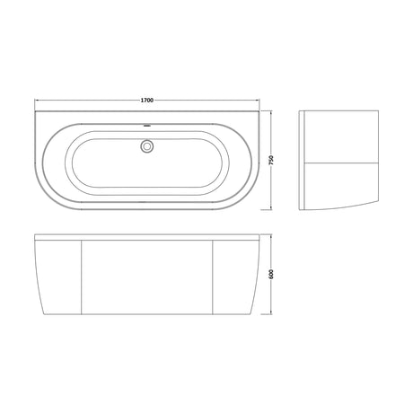 [BBLI003] 1700 x 750 Curved Back To Wall Bath & Panel - Technical Drawing
