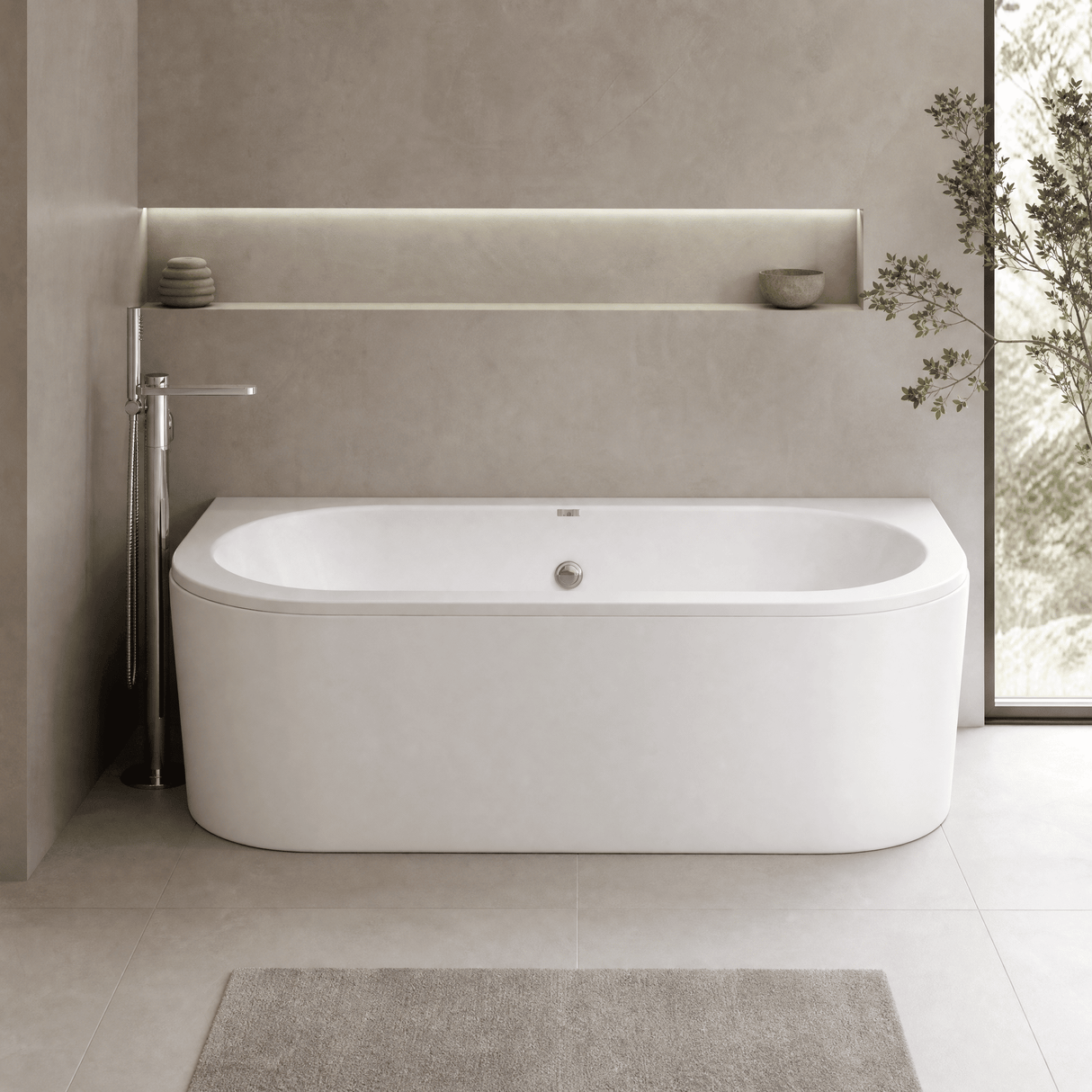 [BBLI003] 1700 x 750 Curved Back To Wall Bath & Panel - Lifestyle 3