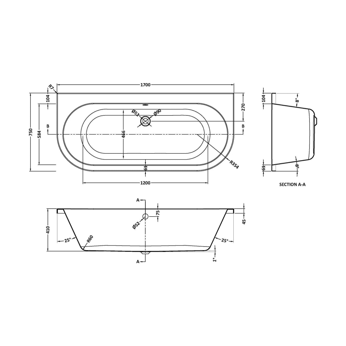 [BBLI020] Lily Back To Wall Bath & Legs - Technical Drawing