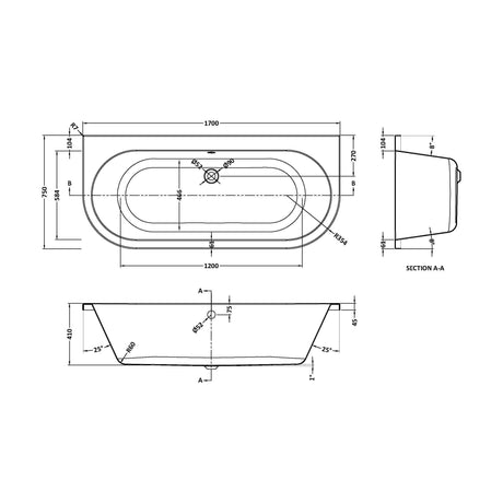[BBLI020] Lily Back To Wall Bath & Legs - Technical Drawing