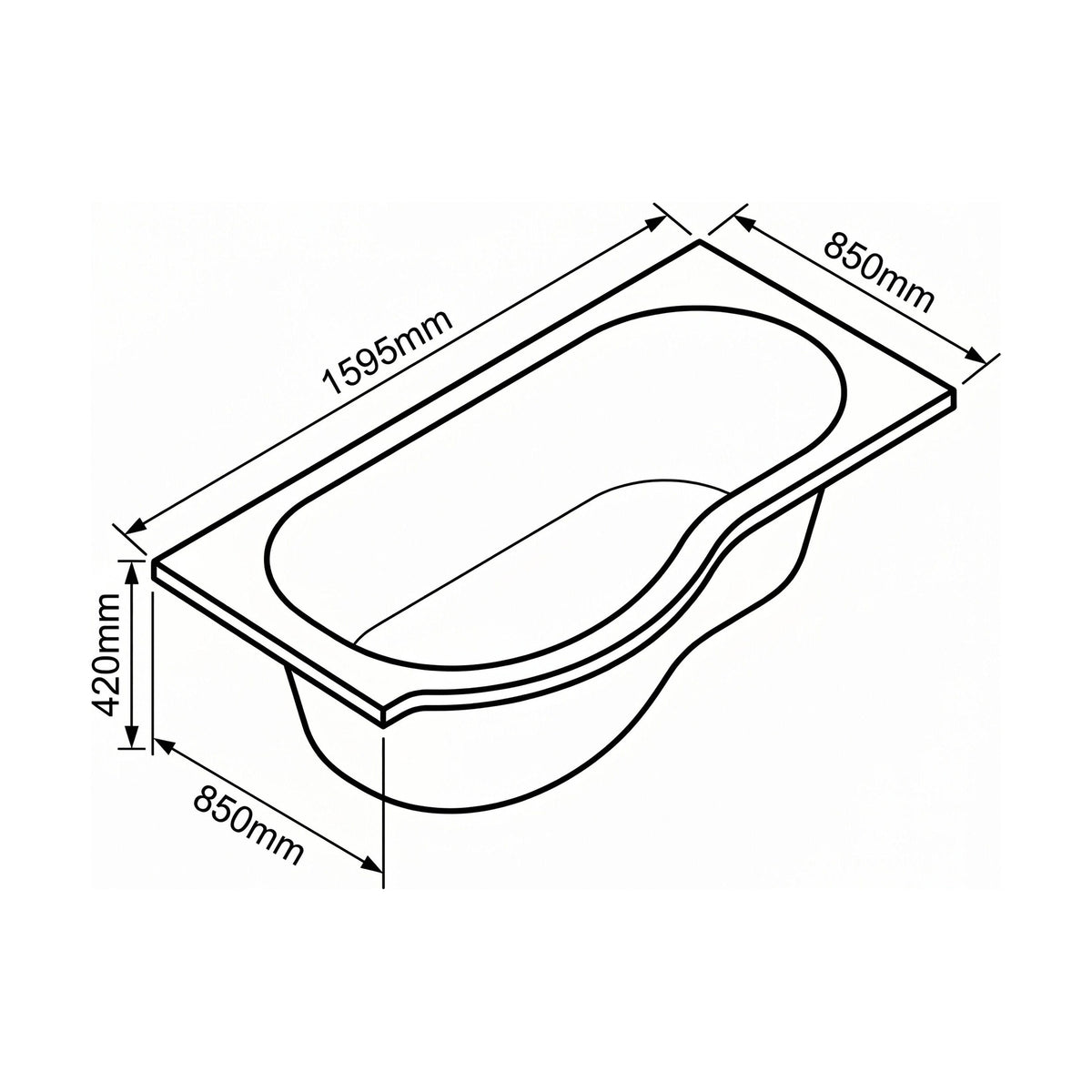 [BBP16PL] Modern Bathroom P Shaped Bath & Panel, Choice of Size and Orientation - Technical Drawing