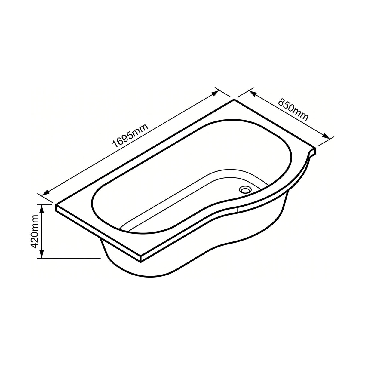[BBP17PR] Modern Bathroom P Shaped Bath & Panel, 1700 x 850 x 415mm, Right Hand - Technical Drawing