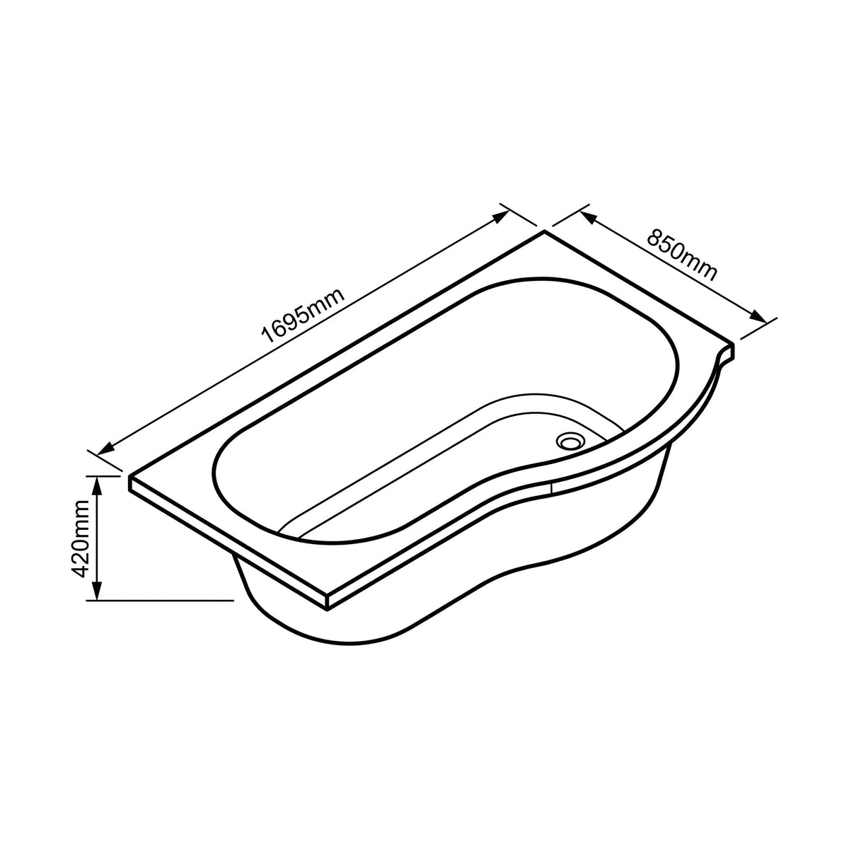 [BBP17PR] Modern Bathroom P Shaped Bath & Panel, Choice of Size and Orientation - Technical Drawing
