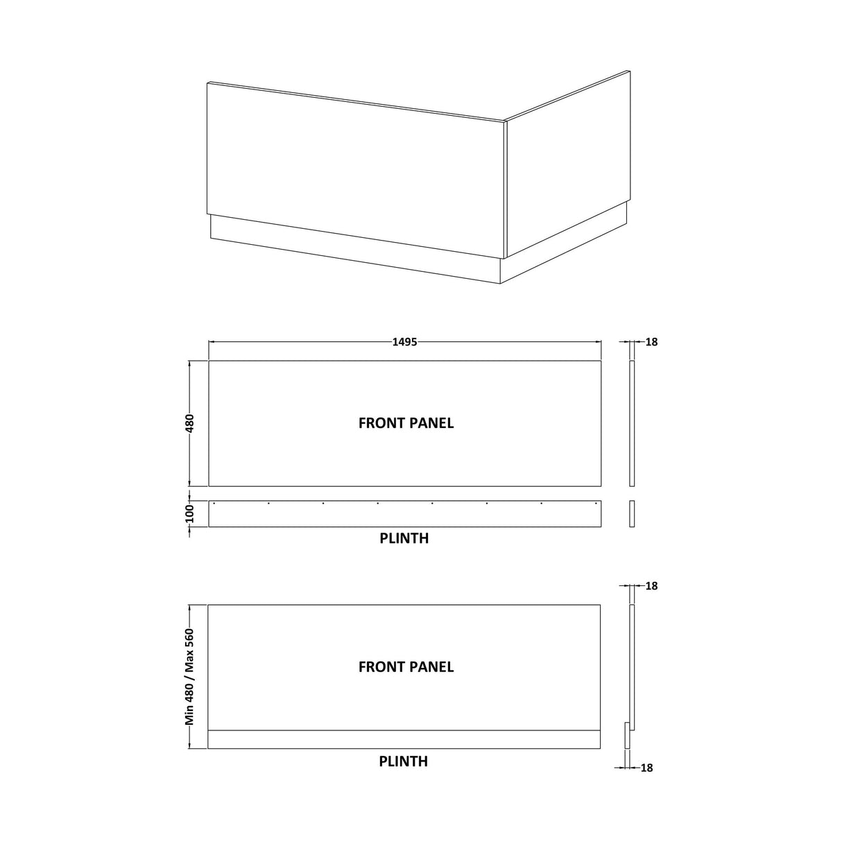 [BBPA101] Gloss White MDF Bath Front Panel with Plinth - Choice of Size - Technical Drawing