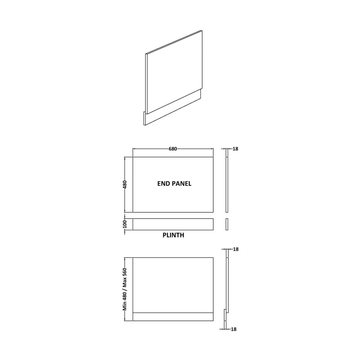 [BBPA111] Gloss White MDF Bath End Panel - Choice of Size - Technical Drawing