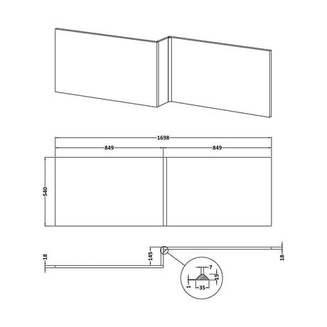 [BBPA1335] 1700mm Square MDF Reversible Shower Bath Front Panel - Gloss Cloud Grey - Technical Drawing