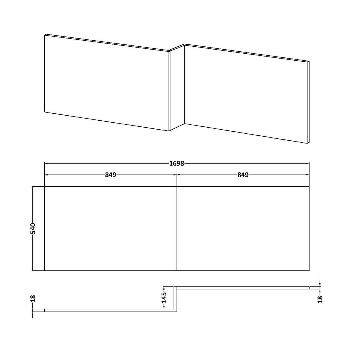 [BBPA135W] 1700mm Waterproof Square Shower Bath Front Panel - Gloss White - Technical Drawing