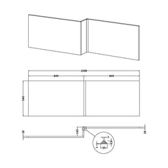 [BBPA135] Square L-Shaped Shower Bath Panel - Gloss White - Technical Drawing