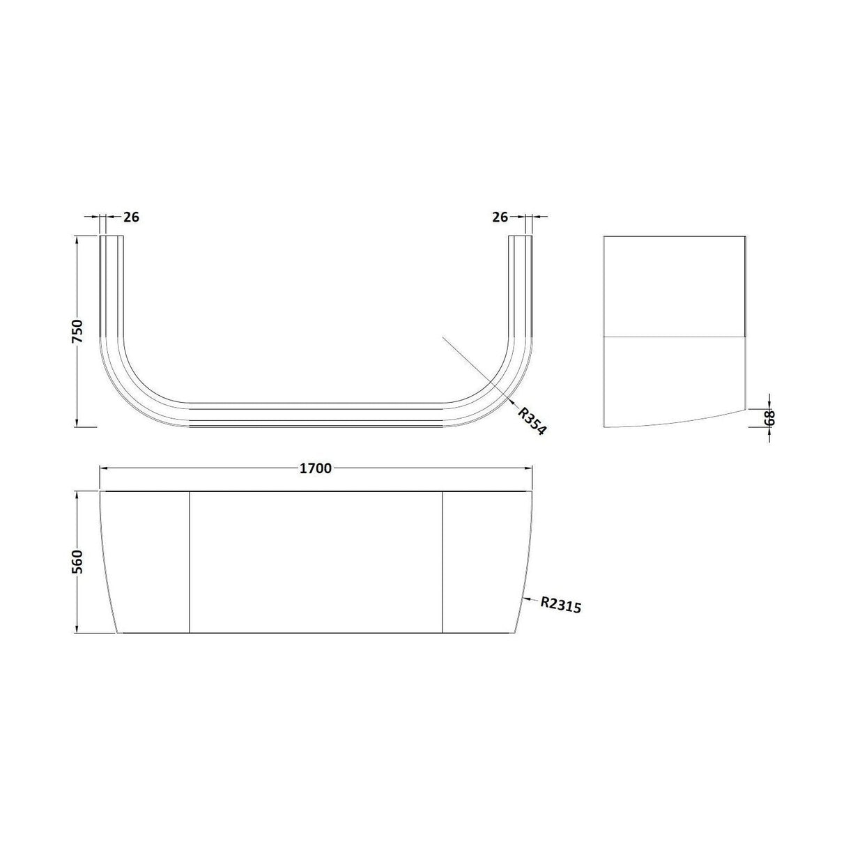 [BBPA136] Back To Wall Bath Panel - Technical Drawing