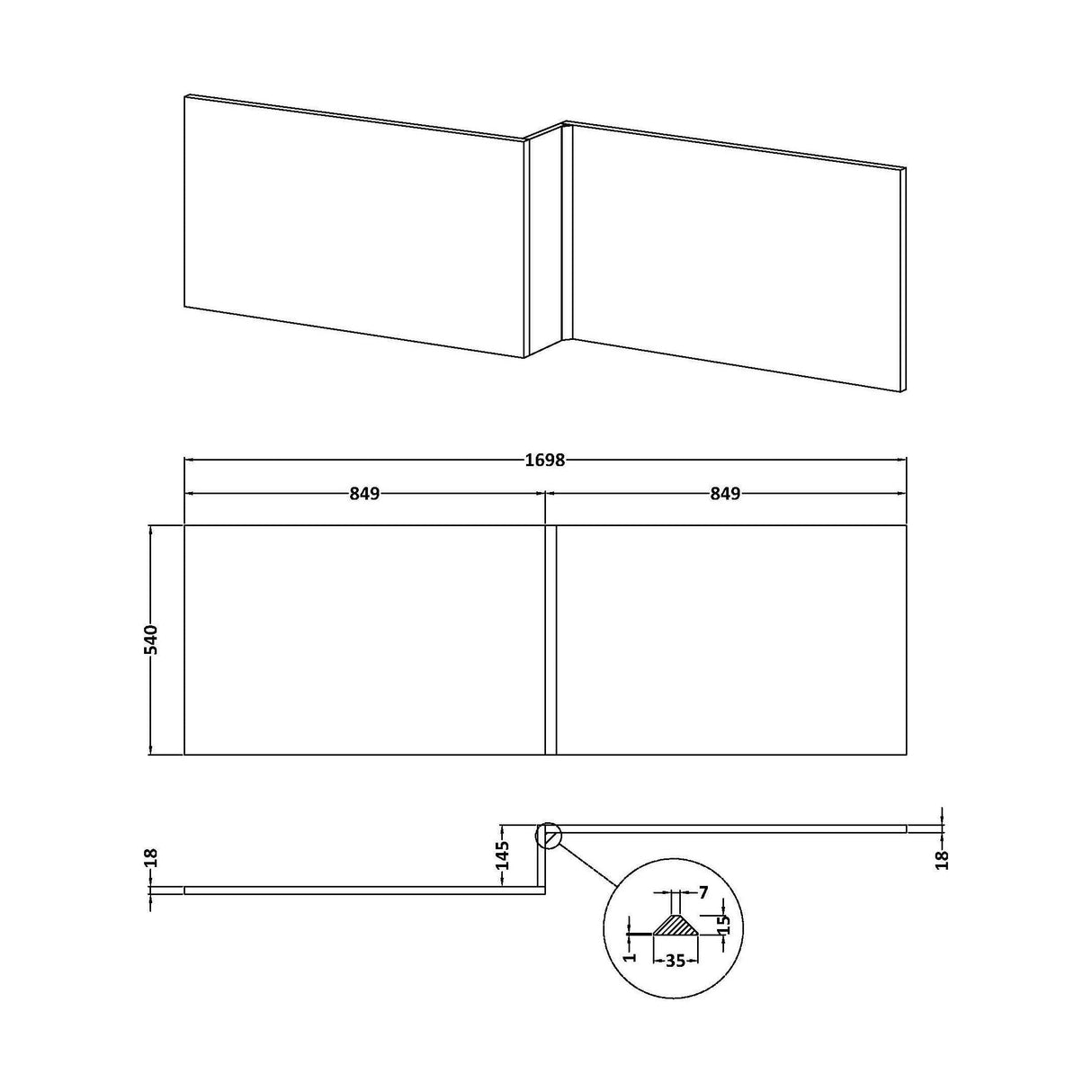 [BBPA1835] Chartley 1700mm Square Bath Front Panel - Choice of Colour - Line Drawing