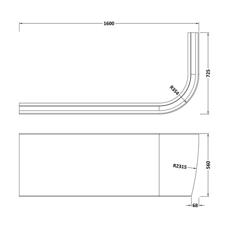 [BBPA207L] 1600 LH BTW J Corner Bath Panel - Technical Drawing