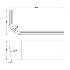 [BBPA207R] 1600 RH BTW J Corner Bath Panel - Technical Drawing