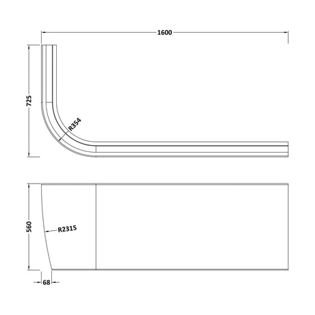 [BBPA207R] 1600 RH BTW J Corner Bath Panel - Technical Drawing