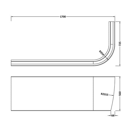 [BBPA209L] BTW J Corner Bath Panel LH - Technical Drawing