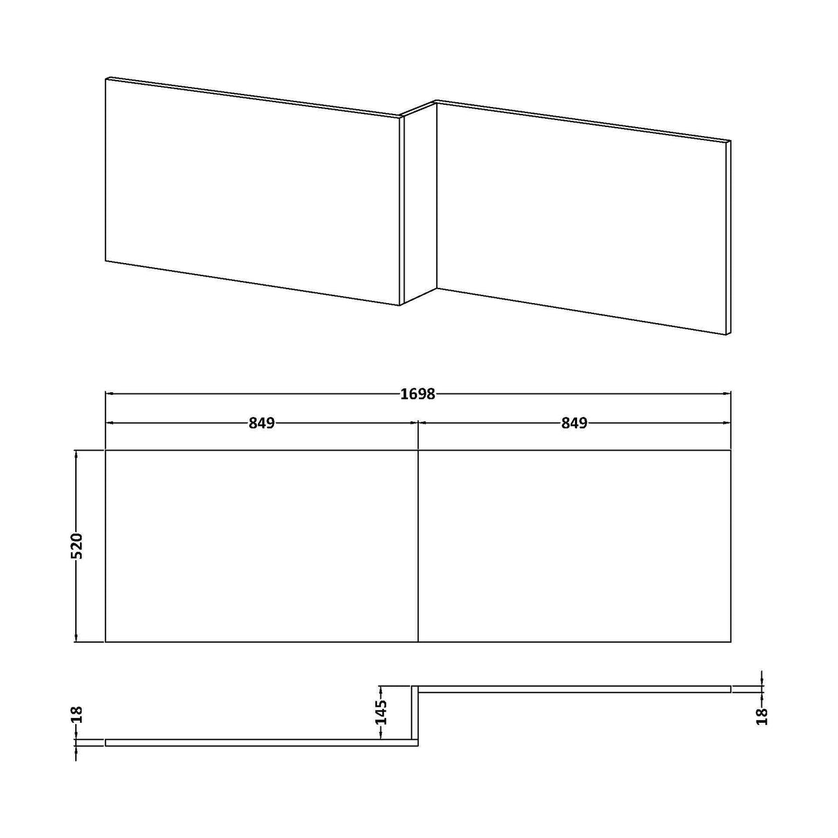 [BBPA2635] Chartley 1700mm Square Bath Front Panel - Choice of Colour - Line Drawing