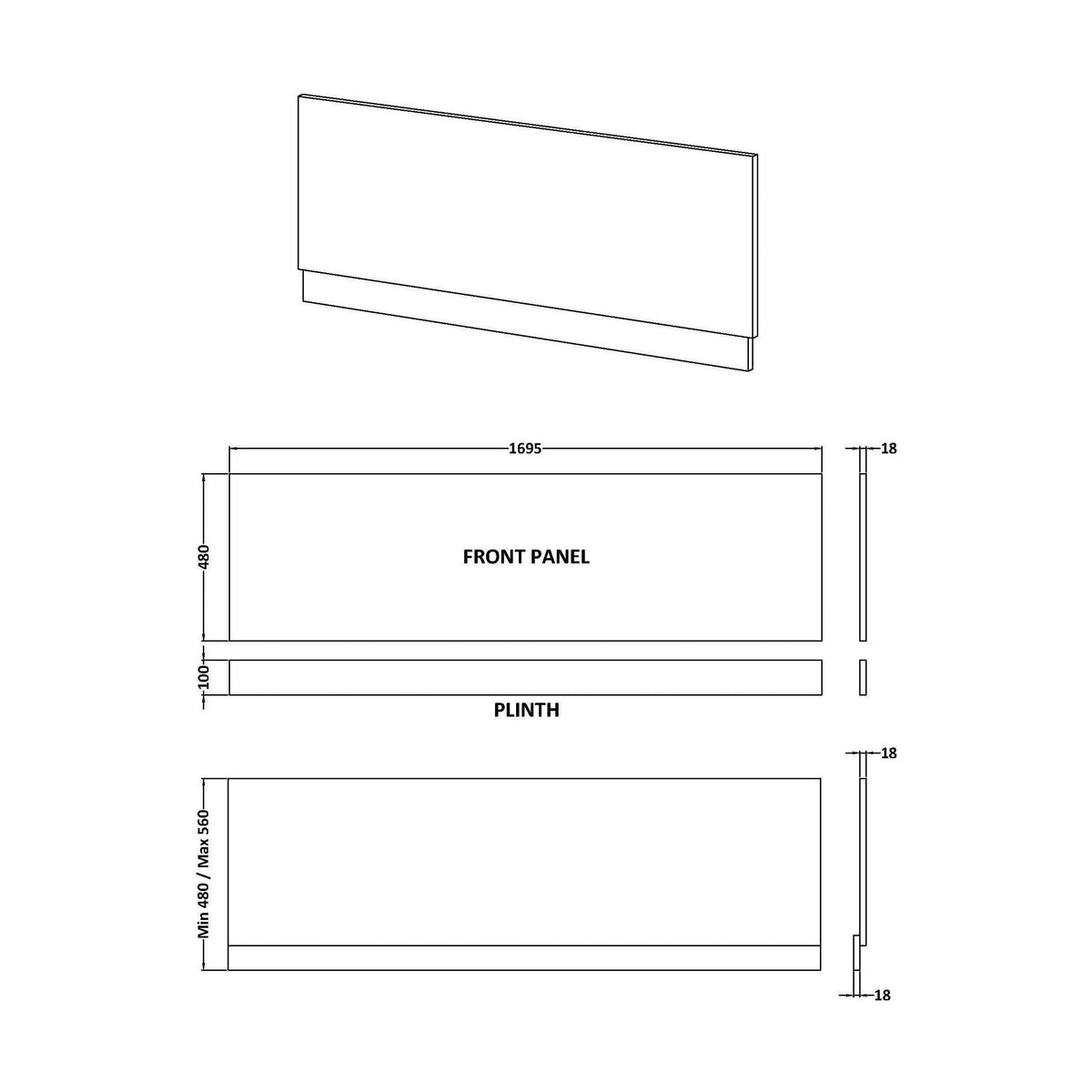 [BBPA2705] Straight Bath Front Panel Available - Choice of Size and Colour - Technical Drawing