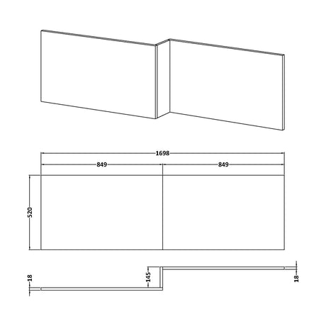 [BBPA2735] 1700mm Square L-Shape Shower Bath Front Panel - Antique Oak - Technical Drawing