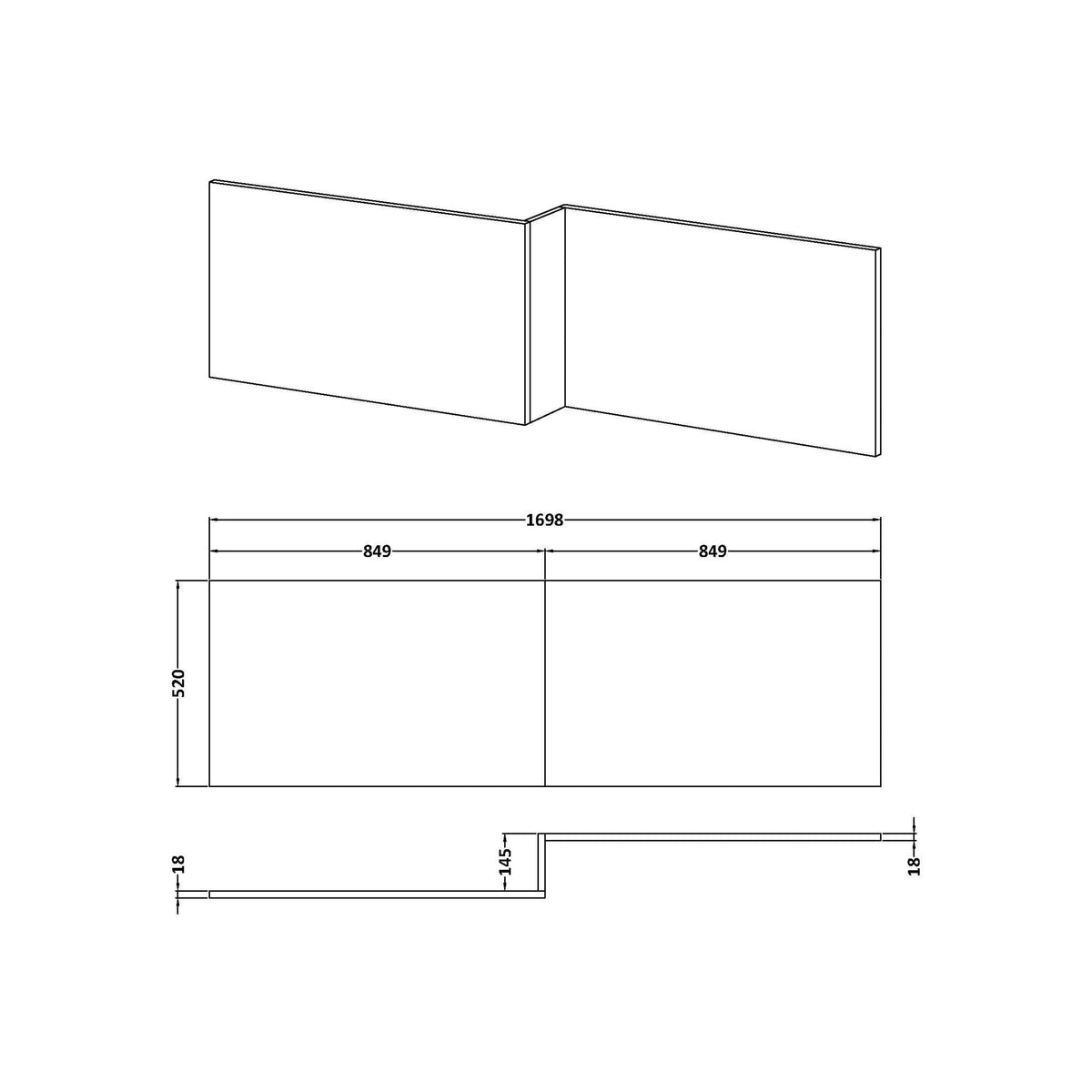 [BBPA2735] Chartley 1700mm Square Bath Front Panel - Choice of Colour - Line Drawing