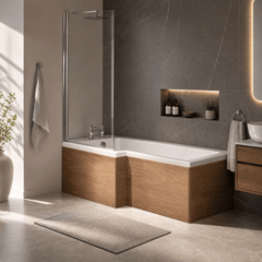 [BBPA2735] 1700mm Square L-Shape Shower Bath Front Panel - Antique Oak - Lifestyle 3