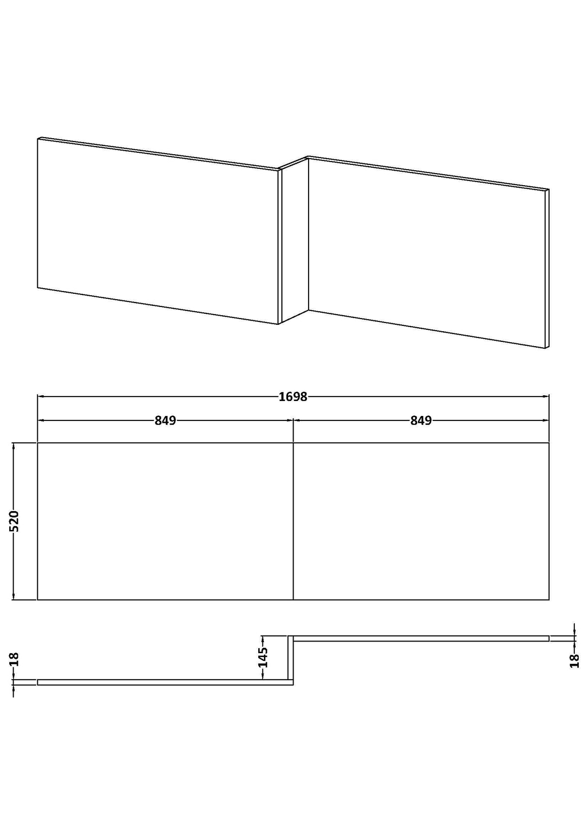[BBPA2935] Chartley 1700mm Square Bath Front Panel - Choice of Colour - Line Drawing