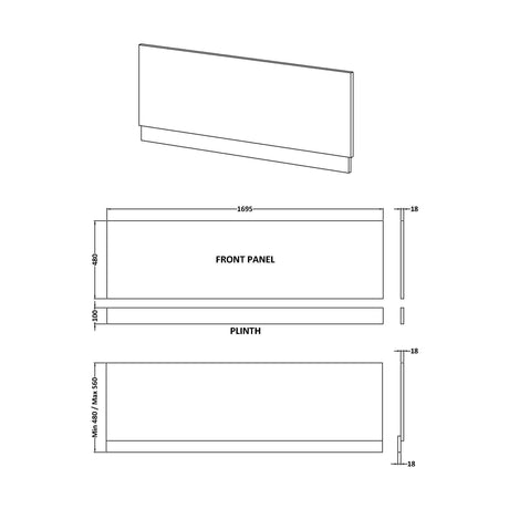 [BBPA3005] 1700mm Straight Bath Front Panel and Plinth - Bleached Oak - Technical Drawing