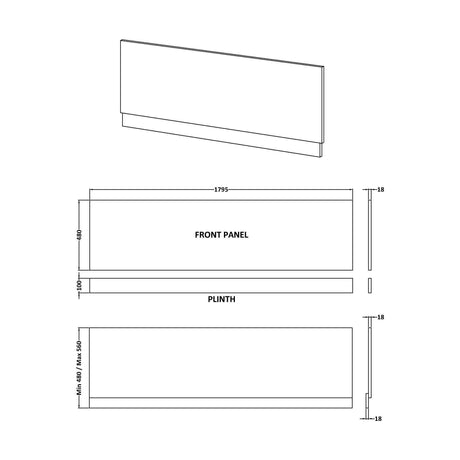 [BBPA3007] 1800mm Straight Bath Front Panel and Plinth - Bleached Oak - Technical Drawing