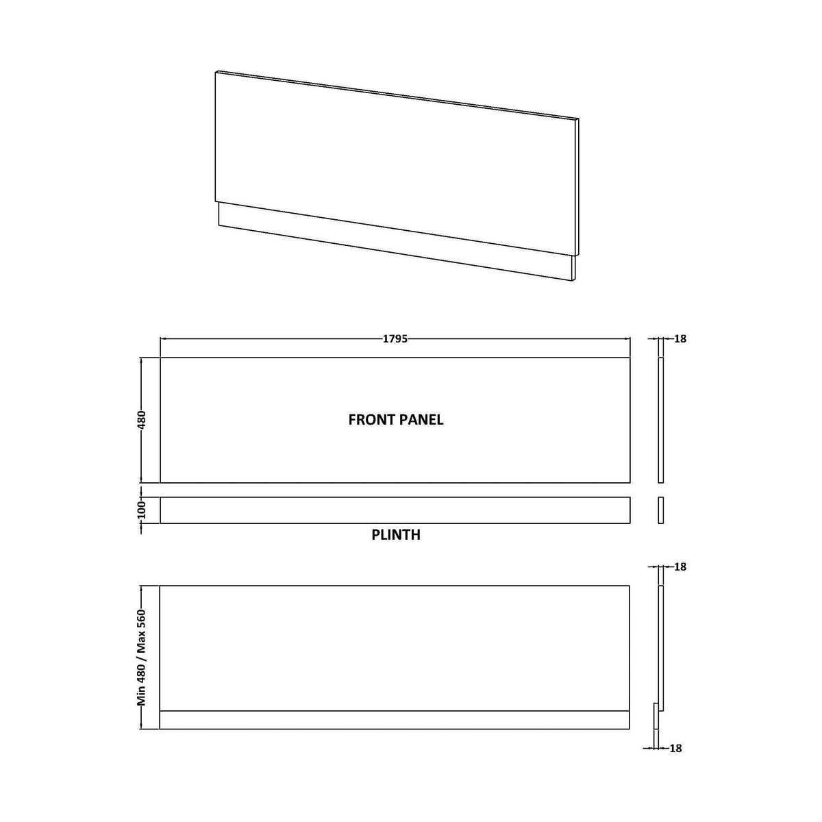 [BBPA3007] Straight Bath Front Panel Available - Choice of Size and Colour - Technical Drawing