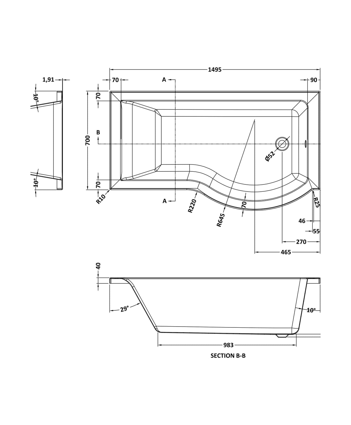 [BBPB104] 1500mm P shaped showerbath RH - Technical Drawing