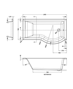 [BBPB104] 1500mm P shaped showerbath RH - Technical Drawing