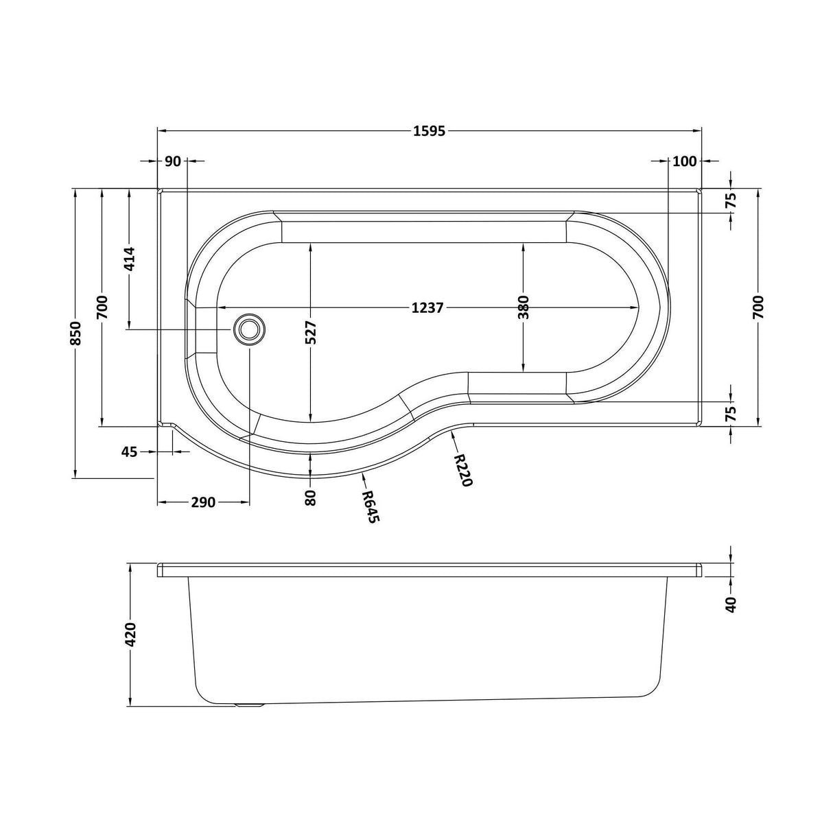 [BBPB105] 1600mm P shaped showerbath LH - Technical Drawing