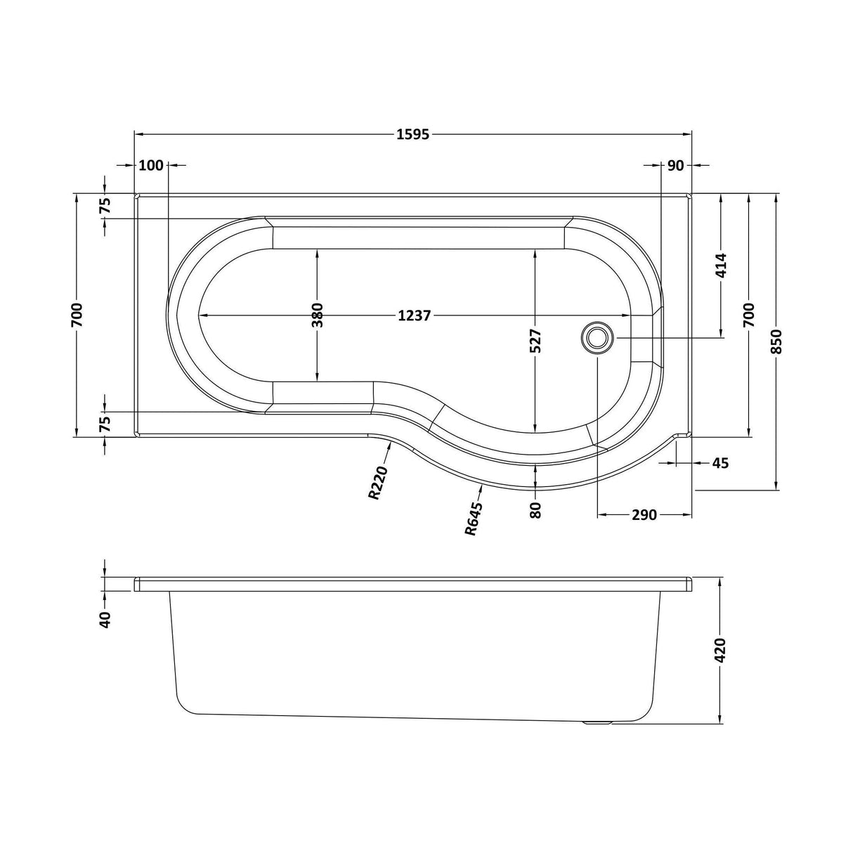 [BBPB106] 1600mm P shaped showerbath RH - Technical Drawing