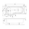 [BBPB1785L] Balterley Modern P Shape Left Hand Shower Bath Tub with Leg Set, 1700mm, Reversible Design - White - Technical Drawing
