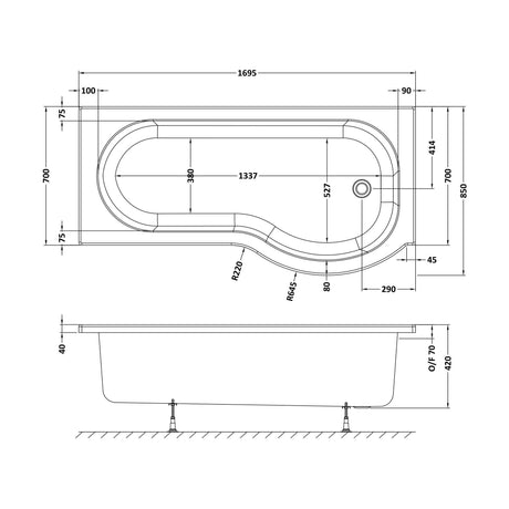 [BBPB1785R] Balterley Modern P Shape Right Hand Shower Bath Tub with Leg Set, 1700mm - White - Technical Drawing