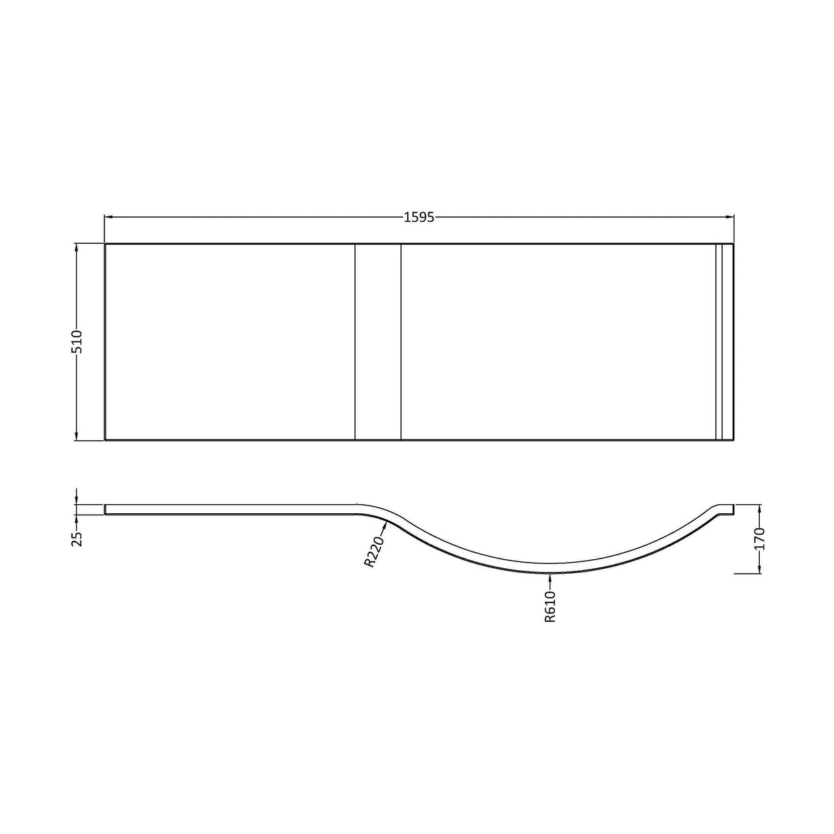[BBPB203] Shower Bath Front Panel (1600mm) - Technical Drawing