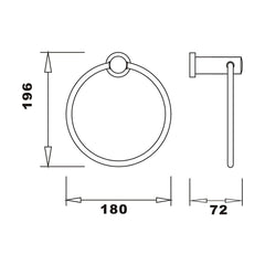 [BBRAFB30] Balterley Modern Bathroom Wall Mounted Round Towel Ring Durable Brass Construction, 196x180mm - Chrome Finish - Technical Drawing