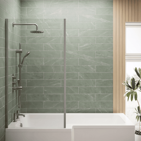 [BBSC27] Contemporary 6mm Toughened Safety Glass Square Hinged Bath Screen with Fixed Return, Choice of Colour - Silo