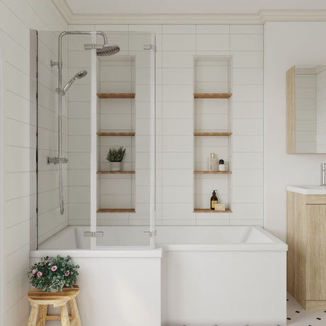 [BBSCBS3] 6mm Toughened Safety Glass Reversible L-Shaped Bath Screen Double Hinged - Chrome - Lifestyle 1