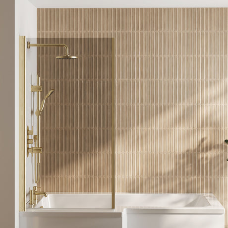 [BBSCBS78] Contemporary 6mm Toughened Safety Glass Square Hinged Bath Screen with Fixed Return - 1430 x 795 x 24mm - Brushed Brass - Lifestyle 1