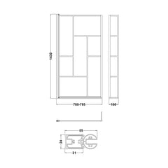 [BBSCBS7BB] Black Reversible Square L Shape 6mm Toughened Safety Glass Bath Screen, 1430 x 808 x 150mm - Technical Drawing